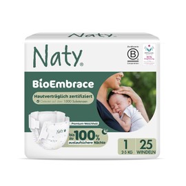 Naty BioEmbrace Baby Nappies for Newborns | Certified Skin Friendly | Up to 100% Leak Protection | Plant-Based & Soft Premium Comfort | Chlorine-Free | Size 1 (2-5 kg), Pack of 25