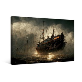 Black and White Wall Art Ghost Pirate Ship Pictures for Living Room Fantasy Flying Dutchman Painting Artwork Giclee Art Prints Nordic House Decor Framed Gallery-Wrapped Ready to Hang 16 "x12