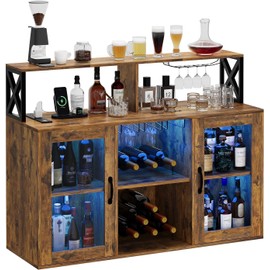 PeacefulHues Wine Bar Cabinet Freestanding Liquor Cabinet with LED Lights, Coffee Bar Buffet Sideboard Storage with Wine Rack Glass Holder for Living Room, Dining Room