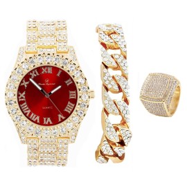 Mens Gold Big Rocks Bezel Blood Red Dial with Roman Numerals Fully Iced Out Watch w/Cuban Chain Bracelet & Ring Size - Blood Red/Gold - ST10327CRG, gold, 12, Modern