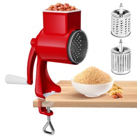 AROMUJOY Manual Nut Mill with 2 Removable Drum Blades, Cheese Grater with Crank, Peanut Mill, Almond Mill, Vegetable Slicer Stainless Steel for Nuts, Corn, Cheese, Carrots, Red