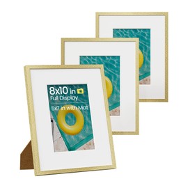 Heimlove Aluminum Metal 8x10 Picture Frames Set of 3 with Mat to Display 5x7 Picture,Gold Picture Frames & Real Tempered Glass for Photo Picture, Document with Tabletop and Wall Decor