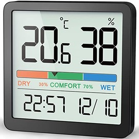 NOKLEAD Room Thermometer Hygrometer Small Digital Temperature Humidity Meter Indoor Thermometers Sensor Air Monitor with Clock Comfort Display Calibration (Black)