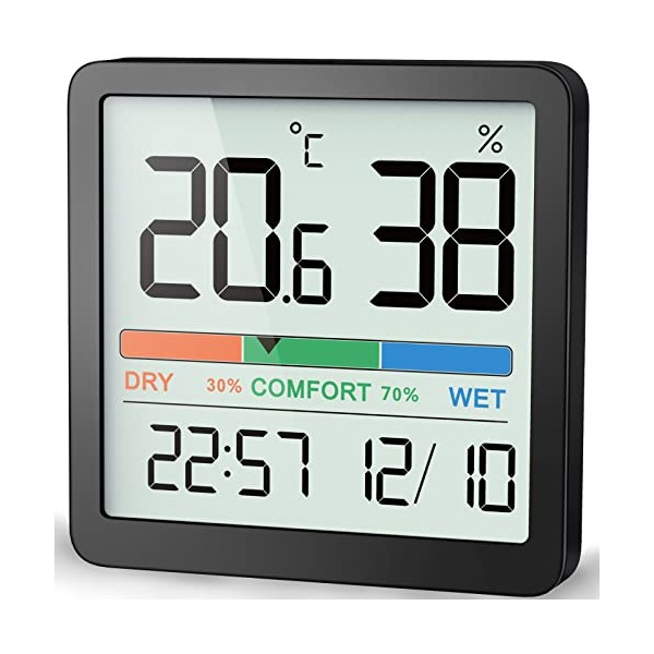 NOKLEAD Room Thermometer Hygrometer Small Digital Temperature Humidity Meter Indoor Thermometers Sensor Air Monitor with Clock Comfort Display Calibration (Black)