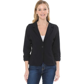 MINEFREE Women's 3/4 Sleeve Lightweight Casual Work Knit Blazer Jacket Solid Black M