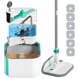 Upgraded Self-Standing Spin Mop and Bucket System, Detachable Inner Mop Bucket Separates Dirty Water & 90° Foldable Head, Triple-Scrub System, 0.9Gal Dual Drainage, for Hardwood Floors (Blue 6 Pads)