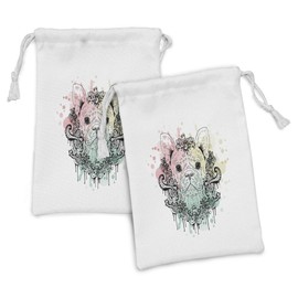 Ambesonne Animal Fabric Pouch Set of 2, French Bulldog with Floral Wreath on Brushstroke Watercolor Print, Small Drawstring Bag for Toiletries Masks and Favors, 9" x 6", Pale Green Pale Pink