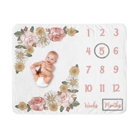 Sweet Jojo Designs Vintage Floral Boho Girl Milestone Blanket Monthly Newborn First Year Growth Mat Baby Shower Memory Keepsake Gift Picture - Blush Pink Yellow Green Shabby Chic Rose Flower Farmhouse