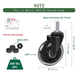 3" Caster Wheels Heavy Duty Set of 4 with M10-25 Threaded Stem