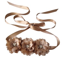 Oyabridal Flower Girl Sash Belt for Dresses Bride/Bridesmaid Sash Belts Flower Pearls Sashes for Wedding Dress, Champagne, 92''x1''