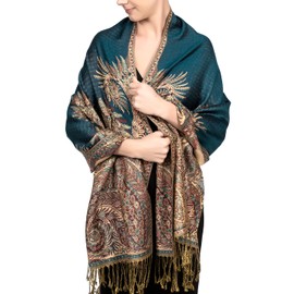 Achillea Luxurious Big Paisley Jacquard Layered Woven Pashmina Shawl Wrap Scarf Stole (Teal)