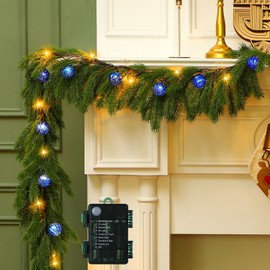 Ceenna 6.2FT Pre Lit Christmas Cedar Garland with Lights Artificial Pine Garland Christmas Decorations with Ball Ornaments,8 Modes Timer Battery Operated for Outdoor Indoor(Blue)