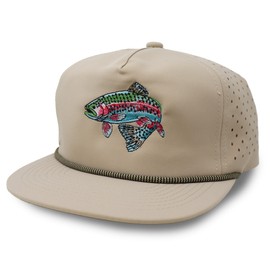 Gritty Bull Trout Hat for Men - Dri-Fit Snapback Fishing Cap with Embroidered Rainbow Trout - Adjustable and Breathable Outdoor Mesh Back Trucker Hat (US, Alpha, One Size, Tan)