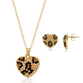 Barzel 18K Gold Plated Leopard Heart Earring & Necklace Set with Austrian Crystals, 18 Inches with 2 Inches Extension - Made In Brazil