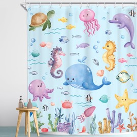 Homewelle Kids Ocean Fish Shower Curtain Undersea Underwater Cartoon Whale Dolphin Seahorse Animals Sealife Cute Coral Plant 60Wx72H Inch Nursery Children Waterproof Polyester Fabric Bathroom Bathtub