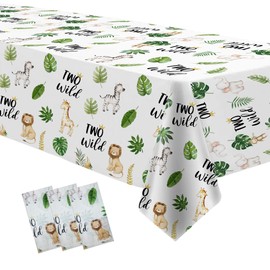 HIPVVILD Two Wild Birthday Tablecloth Decorations, Disposable Safari Jungle 2nd Birthday Party Table Cover, Wild Animal Theme 2 Year Old Party Table Cloth, 3 Pack, 54in x 108in
