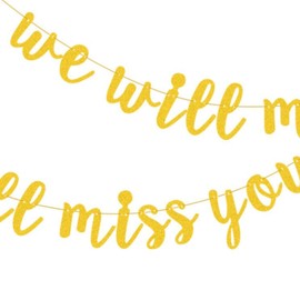 RmKbe 2pcs We Will Miss You Banner and Triangle Flag Banner Going Away Farewell Banner Decoration Gold Glitter Flag Banner for Retirement Graduation