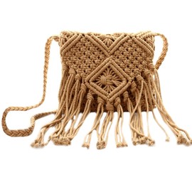 AiSi Millya Fringe Tassel Crossbody Shoulder Bag Straw Woven Handmade Boho Beach Travel Handbag for Women … (Brown)