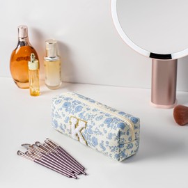 JOVAKIT Small Alphabet Makeup Bag Cosmetic Bag for Women, Christmas Gifts for Girls, Floral Flowers Coquette Travel Toiletry Bag, Zipper Make Up Pouch Organizer Bag Trendy Stuff (Blue Floral K)