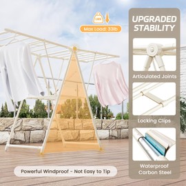 GameGem Clothes Drying Rack, Drying Rack Clothing, Foldable Laundry Drying Rack with 3 Heights-Adjustable, Sturdy Carbon Steel & Anti Slip Feet, Indoor Outdoor Use, Cream White
