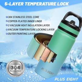 pluseight Insulated Water Bottle 600ml（20oz） Insulated Water Bottle With Straw and Lid for Sports, Gym or Office Stainless Steel Metal Drink Thermos Flask (Green Blue)