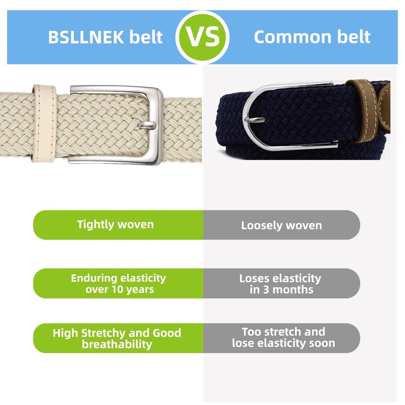 BSLLNEK Elastic Braided Belt, 1 3/8", Woven Stretch Belt for