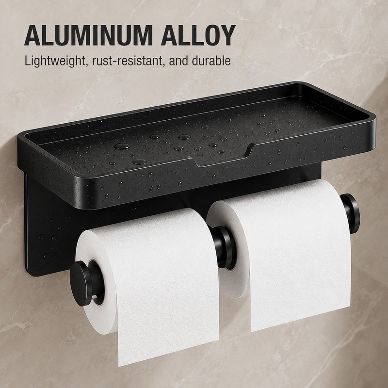 Dual Roll Toilet Paper Holder with Shelf – Black Aluminum