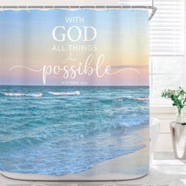 Riyidecor Beach Sea Bible Verse Shower Curtain for Bathroom Decor 72Wx72H Hawaii Blue Ocean Waves Christian Tropical Coastal Seaside Quote Art Printed Fabric Polyester Waterproof 12 Pack Plastic Hooks