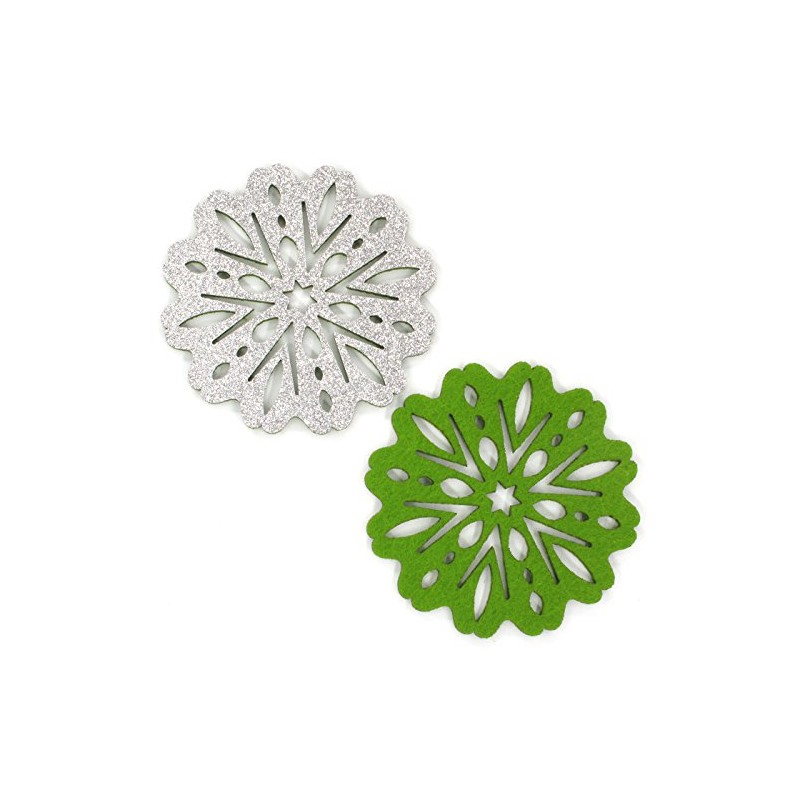 Floral Snowflakes Felt Coasters, Set of 4 (Silver/Green Reversible)