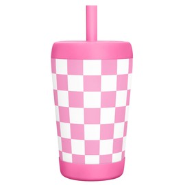 Kid Insulated Stainless Steel Tumbler with Silicone Straw, 12oz Sippy Cup for Kids (Pink Checkerboard)