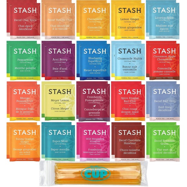 Stash Herbal & Decaf Tea Sampler - 40 Tea Bag, 20 Flavor Assortment - With By The Cup Honey Sticks