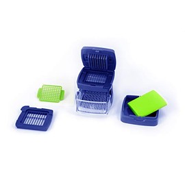 Prensa de ajo, trituradora, cortadora, picadora y contenedor de almacenamiento, incluye peladora de ajo de silicona, fácil de limpiar, cuchillas de acero inoxidable, (azul),