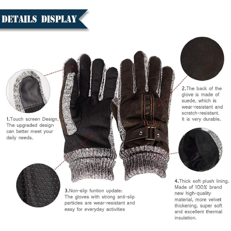 heekpek Men's Winter Leather Gloves Thick Warm Fleece Windproof Gloves