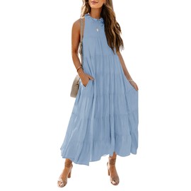 HAEOF Womens 2024 Summer Sleeveless Halter Maxi Dress Pleated Tiered Swing Beach Long Dresses Sundress Lightblue