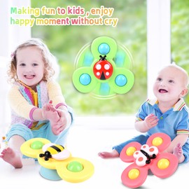 Suction Cup Spinner Toy for Baby 1 2 Year Old, 3PCS Spinner Sensory Toys for Toddlers 1 3, Cartoon Baby Fidget Spinners Toys 12 Months Kids, High Chair/Dining Table/Window/Travelling (Colorful)