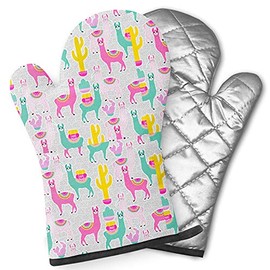 Pairs of Decorative Oven Mitts, Heat Resistant Kitchen Gloves for Cooking, Baking, Grilling (Sweet Llama Alpaca Cactus)
