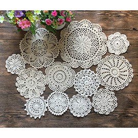 MindPlus 100% Cotton Hand Made Crochet Doilies 12 Vintage Crochet Motifs 4-10 inches Round White Beige (12pcs beige)