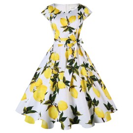 Kingfancy Women Vintage 1950s Dress Retro Cocktail Party Swing Dresses with Cap Sleeves White Lemon S