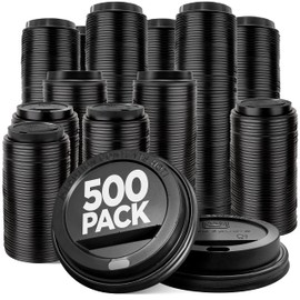 (500-Pack) Coffee Cup Lids - Bulk Disposable Coffee Cup Lids with Large Sip Hole, Air Flow Vent - Fits 10oz, 12oz, 16oz, 20oz, & 24oz Paper Cups, Squat Hot Cups - Black