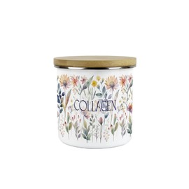 Pastel Flowers Collagen Storage Canister - Pretty Watercolour Floral Homewares Gifts - White Metal Enamel Medium Sized Kitchen Food/Drinks Storage Container
