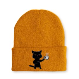 tshirtladen Hat – Coffee Cat – Beanie One Size – Winter Hat Soft Touch – Embroidered Sayings Hat, Mustard