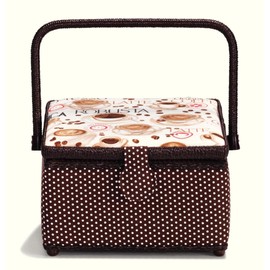Prym Polka Dot and Coffee Print Sewing Basket, Polyester, Brown/Cream, Medium