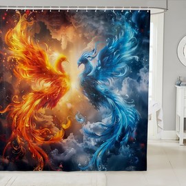 Homewish Phoenix Bathroom Curtain,Fire Ice Animal Shower Curtain for Teens Adults Bathroom Decor,Exotic Tribal Wildlife Waterproof Curtain,Chinese Style Bird Feather Bath Curtain,12 Hooks,72" Wx78 L