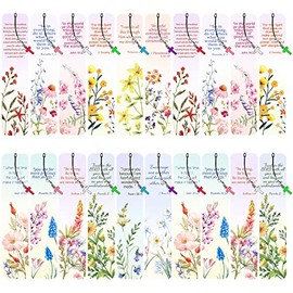 24 Pieces Christian Bookmarks for Women Flower Bible Verse Book Marks Floral Religious Bookmarks Christian Gift with 24 Pcs Cross Pendants for Reading Reward, Church Decoration (Flower Style)