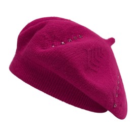 ZLYC Women's Beret Classic French Beret Plain Warm Beret, rhinestones raspberry