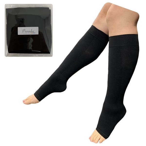 Presadee 8-15 mmHg Light Compression Leg Calf Circulation Fatigue Travel Daily Wear Extra Wide Knee High Traditional Socks Open Toe (Black, 2XL)