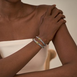 ORATIGOR 2 Pcs Cable Cuff Bracelets for Women Twisted Bangle, Cable Wire Bangle Bracelets Two Tone - Stainless Steel Cross Vintage Designer Bracelet Jewelry