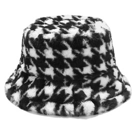 Umeepar Winter Faux Fur Fuzzy Bucket Hat Fluffy Warm Hat for Women Men (Houndstooth Black)