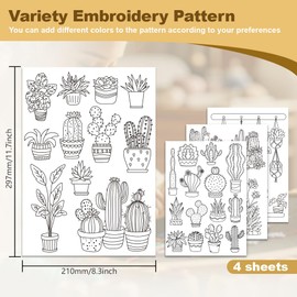 DOODLREAM 30Pcs Bonsai Cactus Embroidery Pattern Stabilizers, 8.3"x11.7" Potted Cacti Water Soluble Stick and Stitch Embroidery Stickers, 4 Sheets Cactus Hand Sewing DIY Embroidery Paper