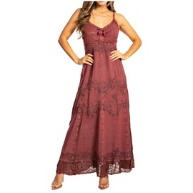 Sakkas Stonewashed Rayon Embroidered Adjustable Spaghetti Straps Long Dress - Mauve - S/M